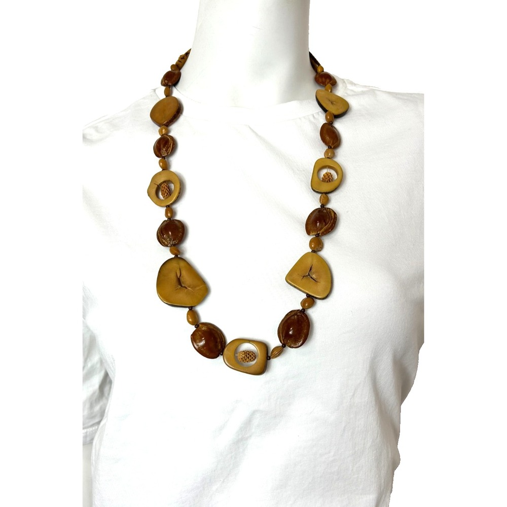 Vintage 70s Tagua Nut Palm Seed Statement Necklace Boho Artisan Eco Jewelry EUC